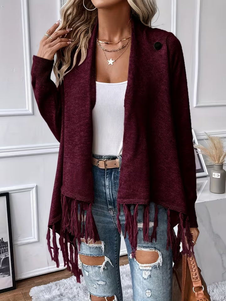 Busra - Draped Neck Cardigan With Fringed Trim