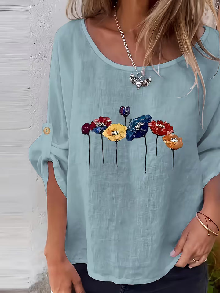 Sheril - Floral Print Roll-Tab Sleeve Loose Top