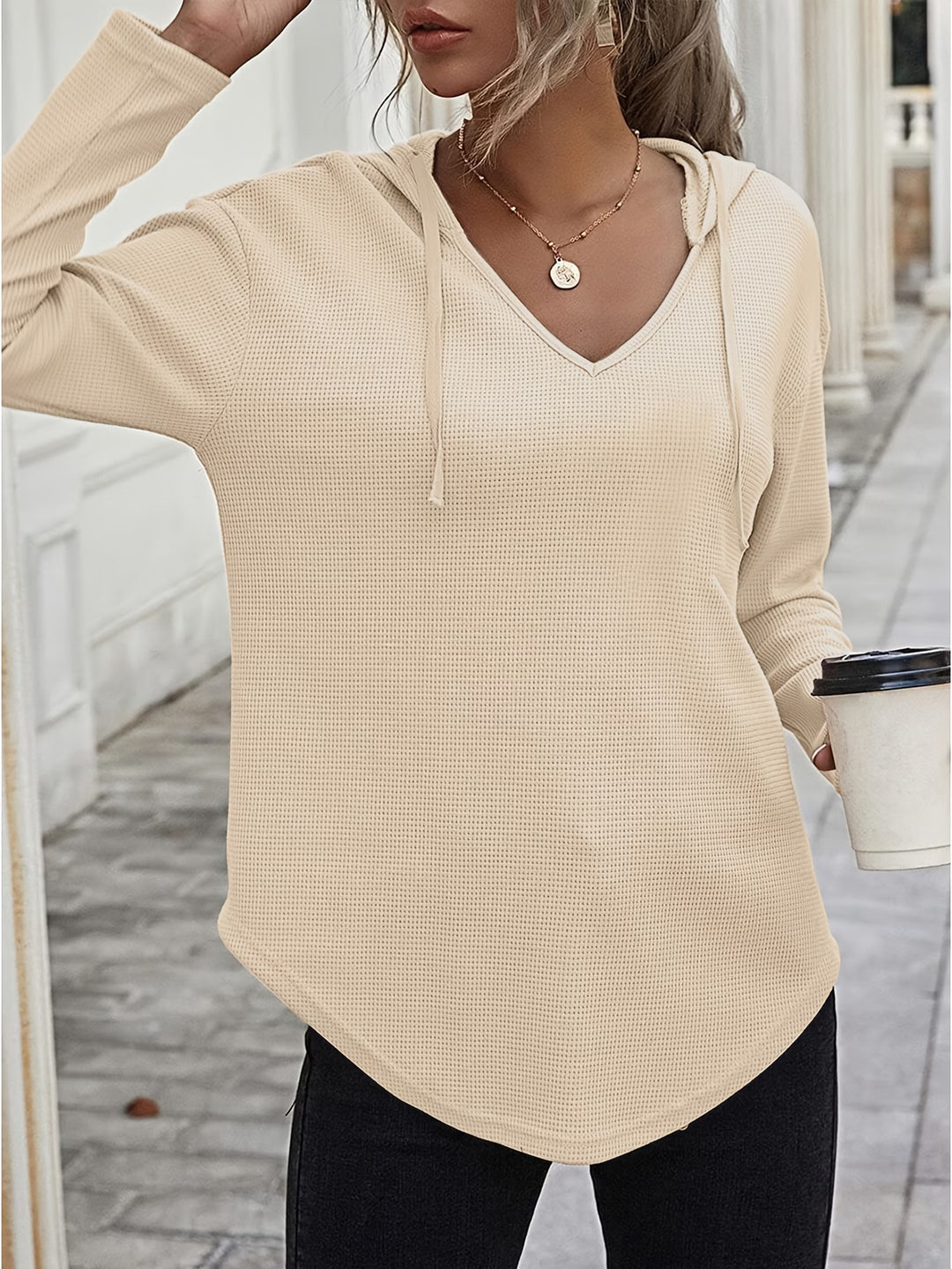 Seonie - Long Sleeve V Neck Hoodie