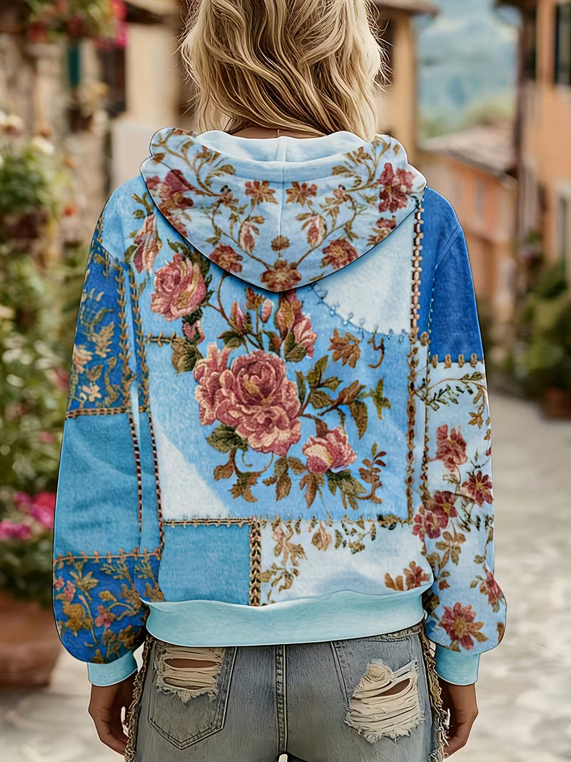 Norella - Floral Patchwork Long Sleeve Hooded Top