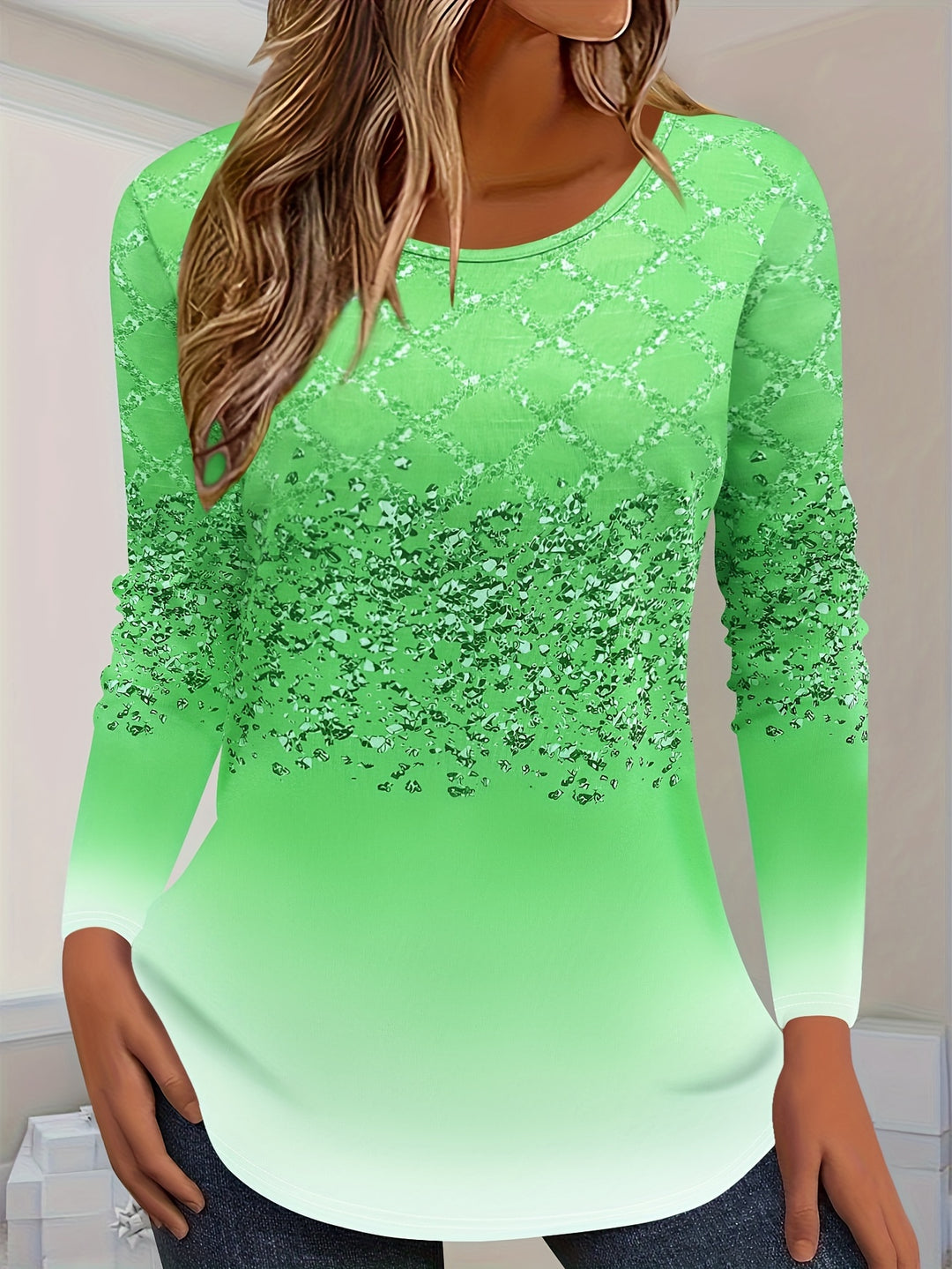 Mynon - Gradient Lattice Print Long Sleeve T-Shirt