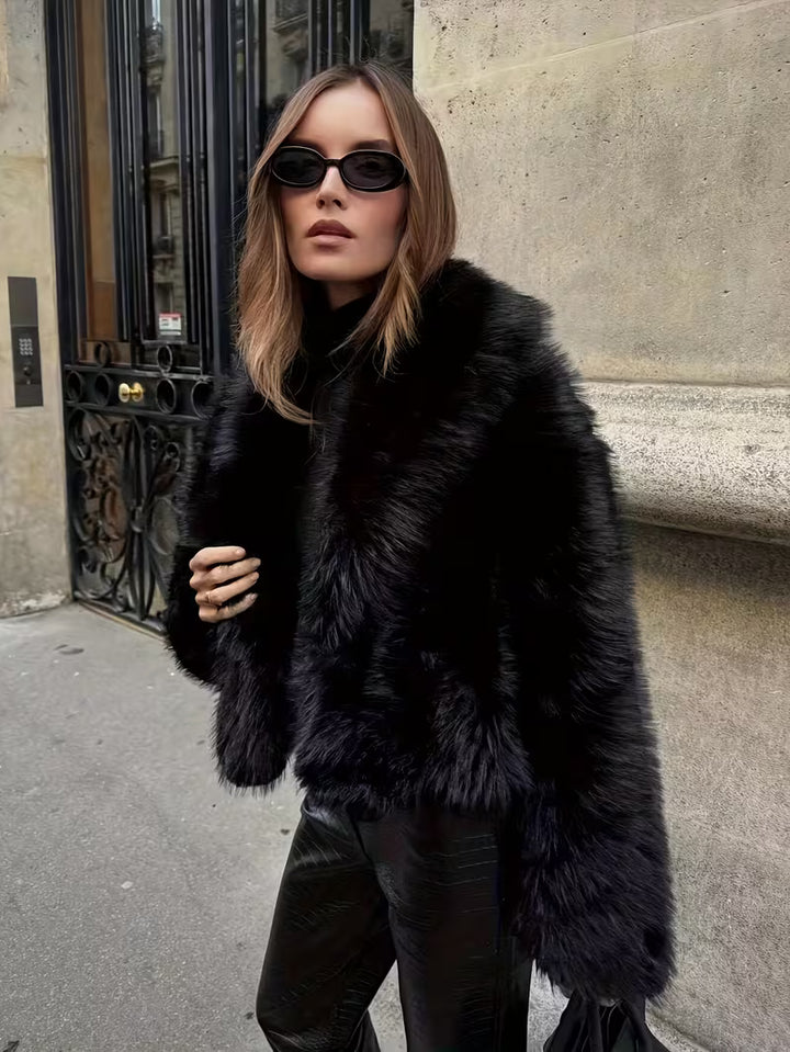 Jorida - Faux Fur Oversized Cropped Lapel Jacket