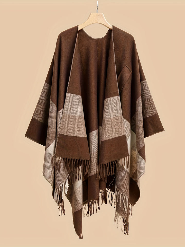 Kyrine - Geometric Pattern Fringed Poncho Shawl Wrap