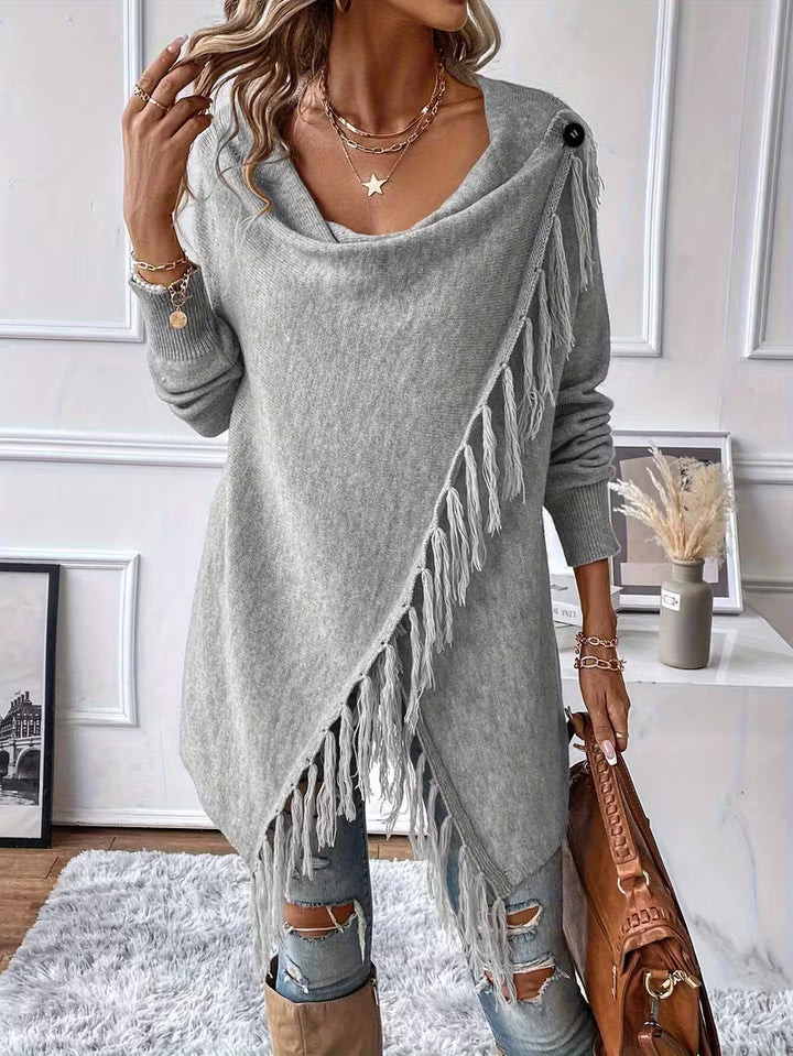 Busra - Draped Neck Cardigan With Fringed Trim