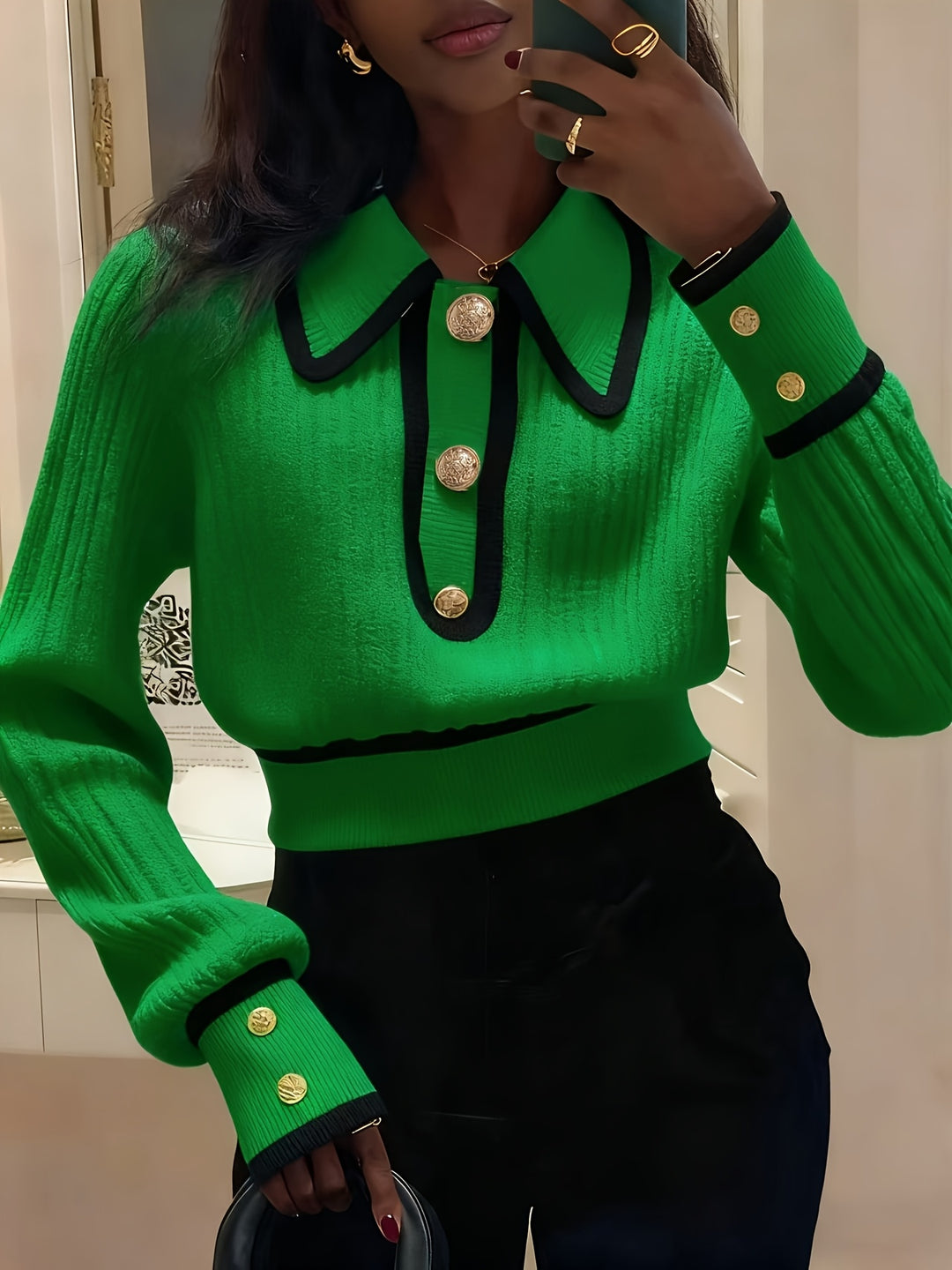 Dilnaz - Long Sleeve Contrast Trim Button Sweater