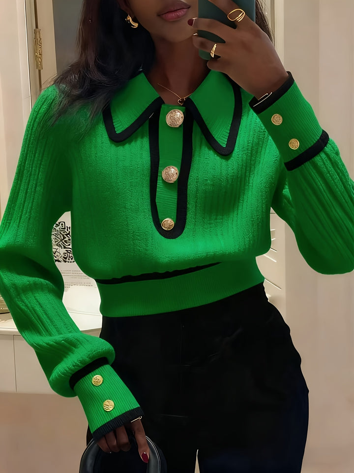 Dilnaz - Long Sleeve Contrast Trim Button Sweater