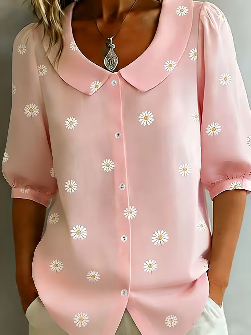 Alvique - Floral Print Collar Short Sleeve Blouse