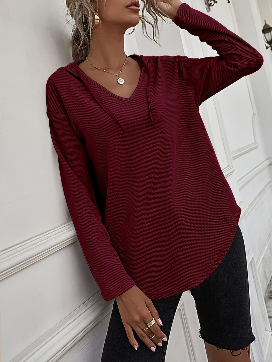 Seonie - Long Sleeve V Neck Hoodie
