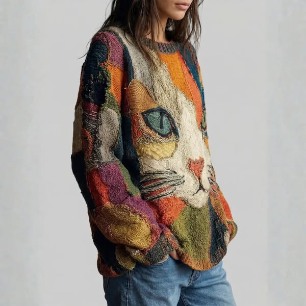 Chaya - Casual Artistic Patchwork Cat Face Top