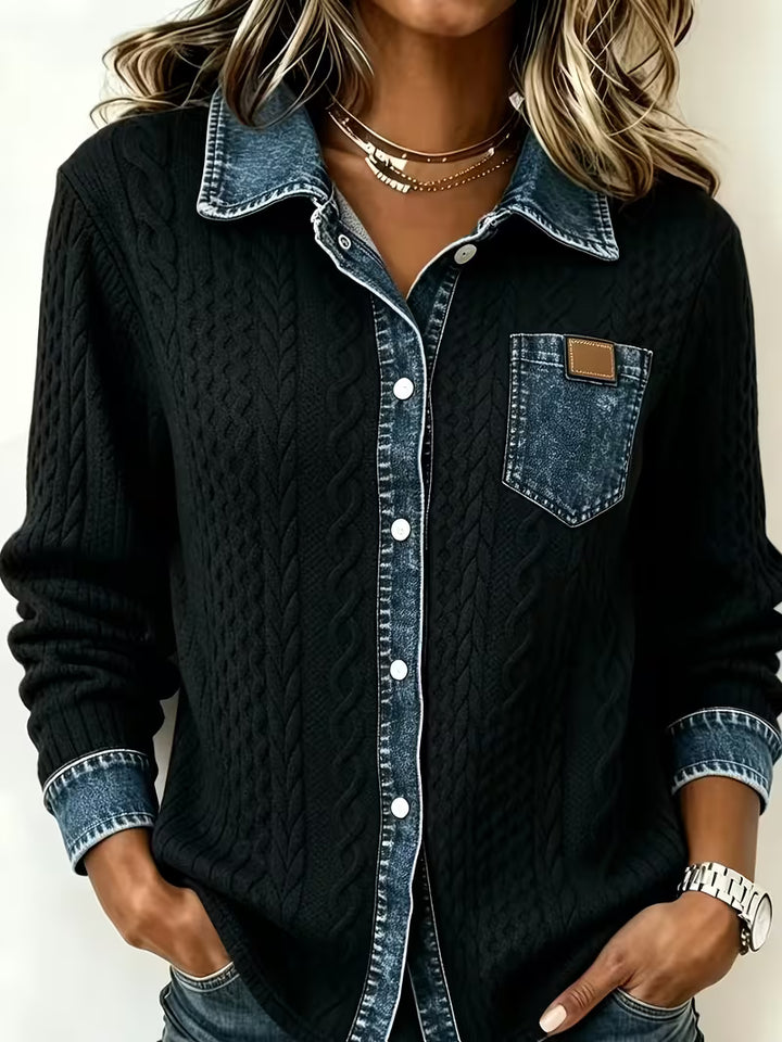 Eryna - Long Sleeve Cable Knit Shirt with Denim Collar