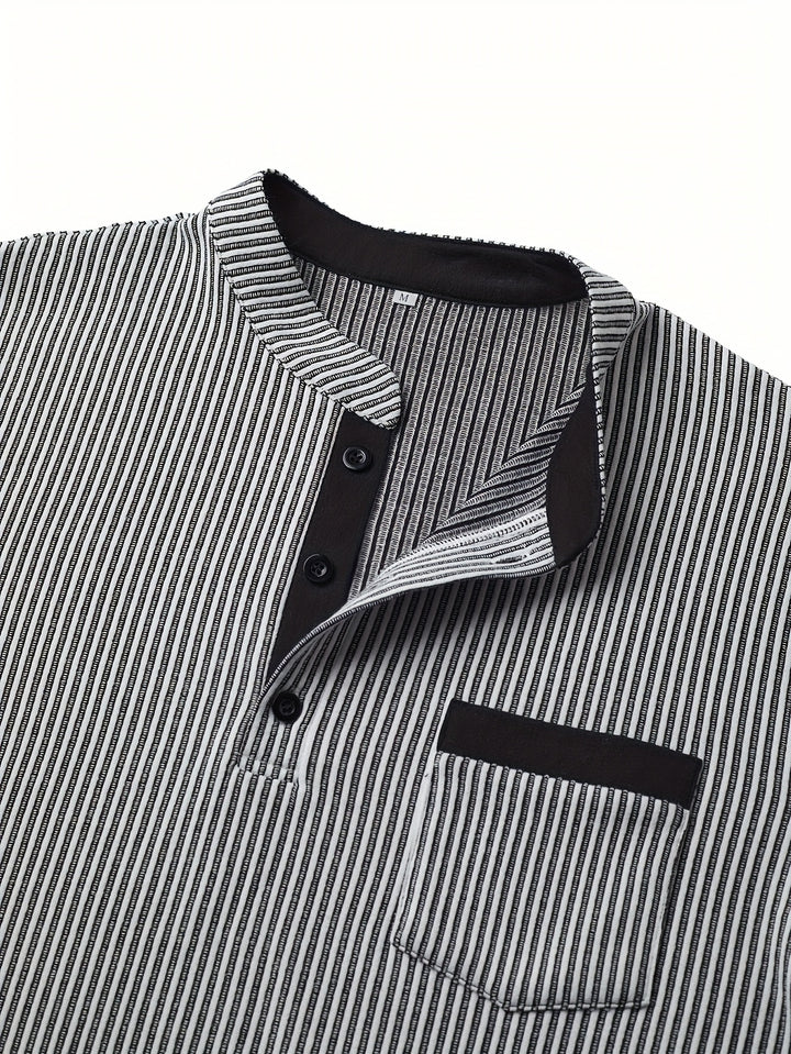Deegan - Textured Striped Collar Long Sleeve Henley Shirt