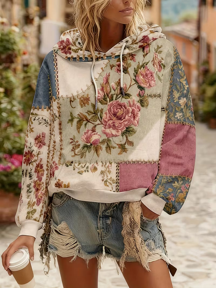 Norella - Floral Patchwork Long Sleeve Hooded Top