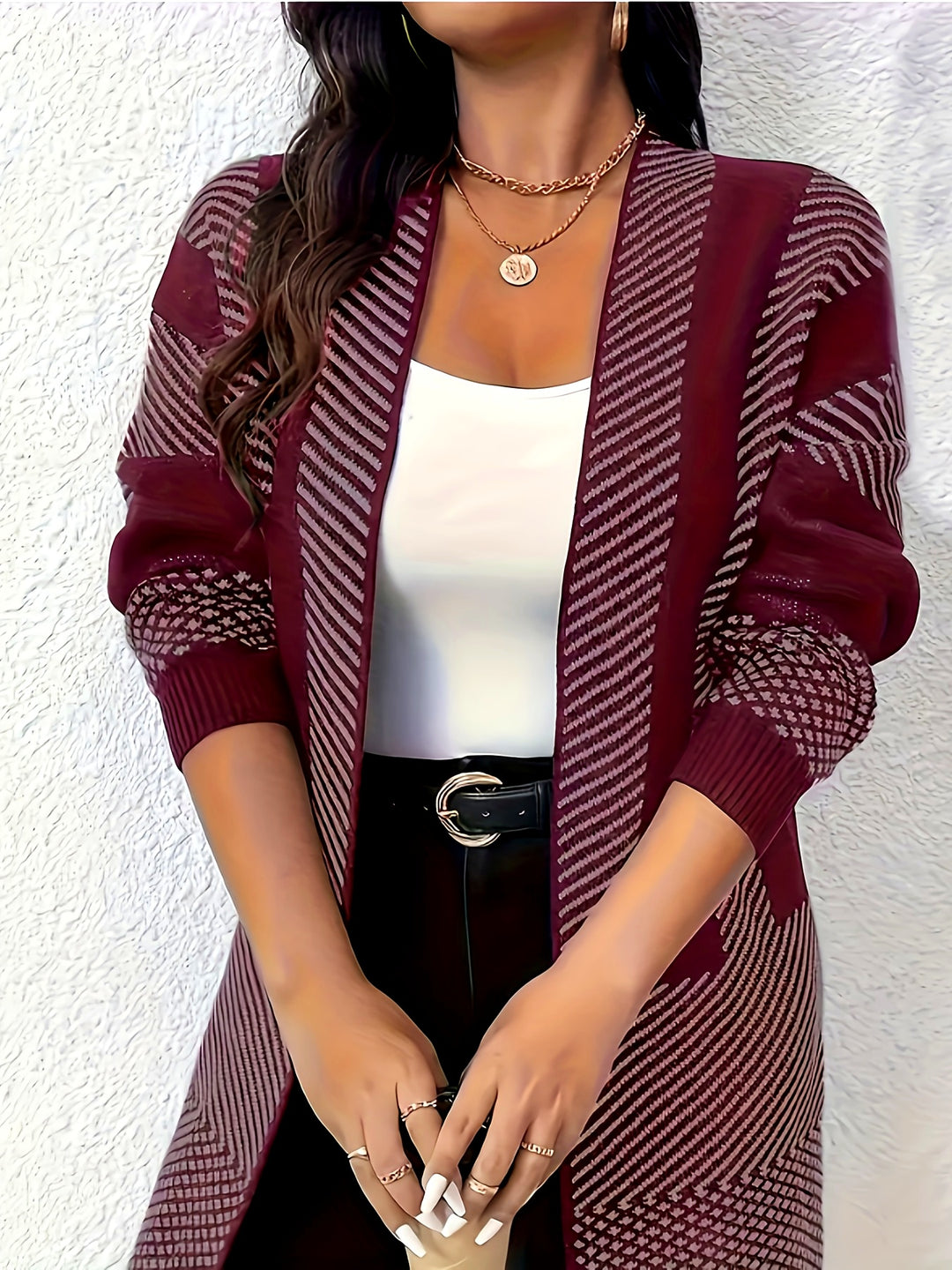 Zhamilya - Longline Geometric Knit Open Front Cardigan