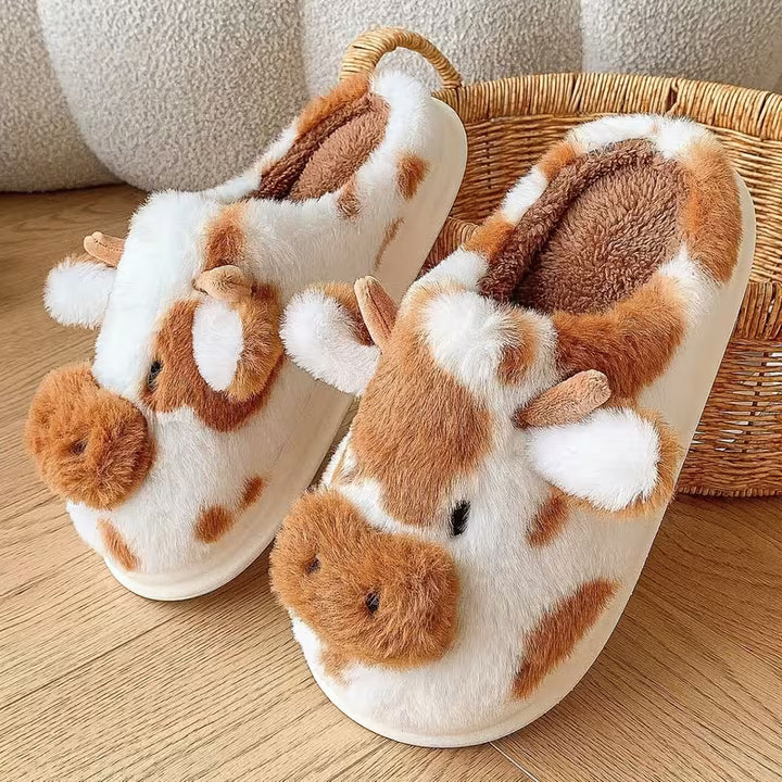 Faliza - Spotted Cow Print Plush Indoor Slippers