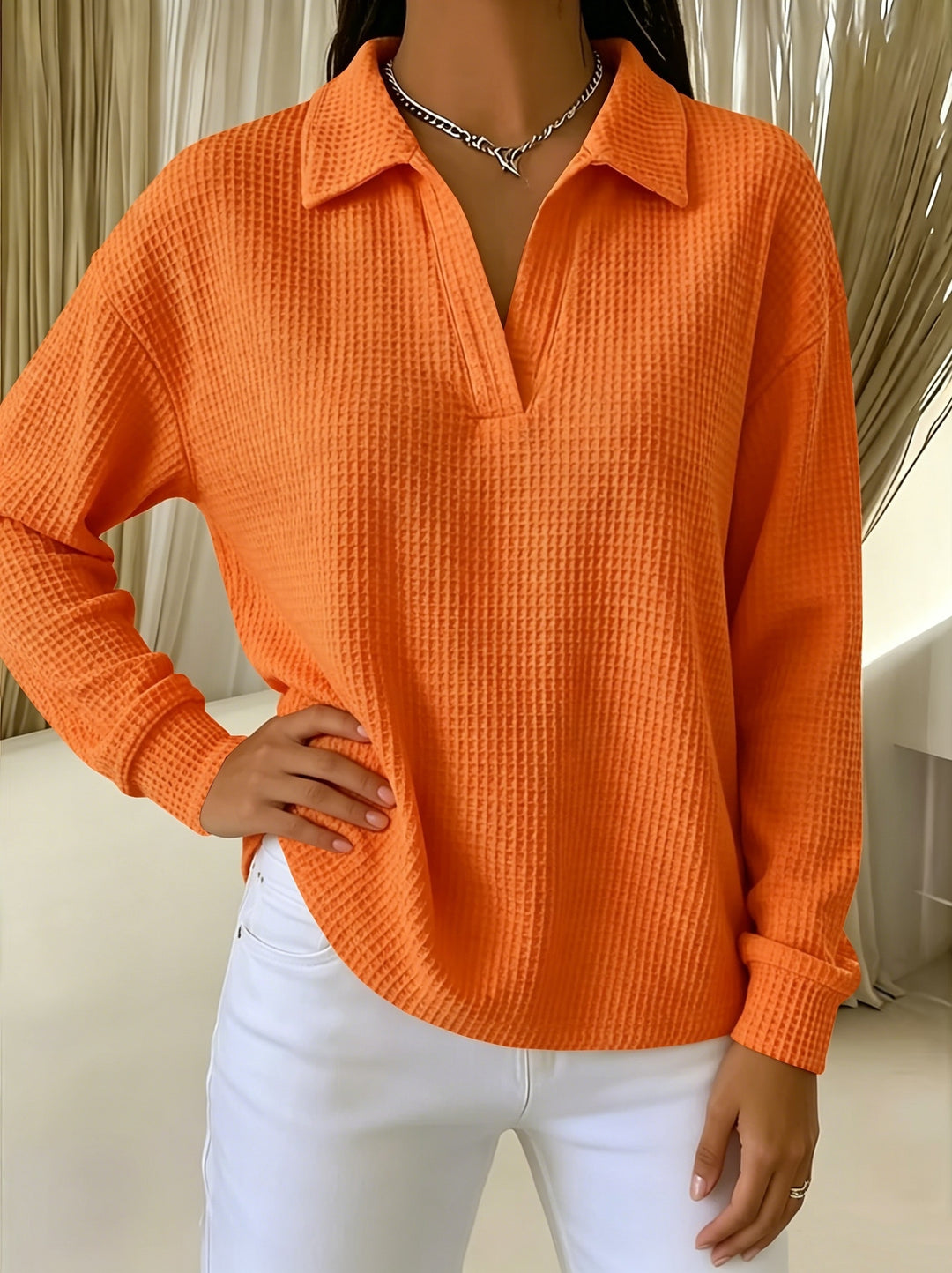 Nastya - Elegant Waffle Polo Collar Shirt