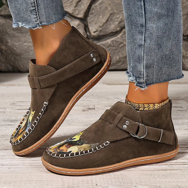 Viktoriy - Cat Print Flat Ankle Boots with Buckle