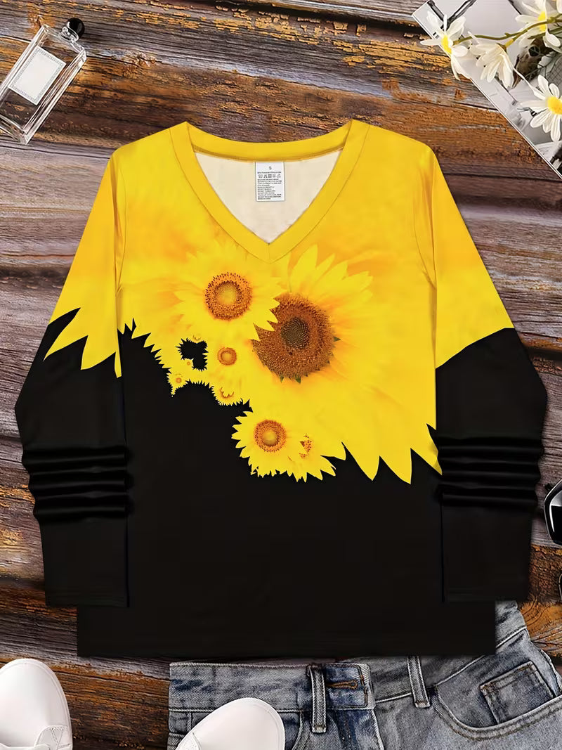 Olina - Long Sleeve Top With Sunflower Print