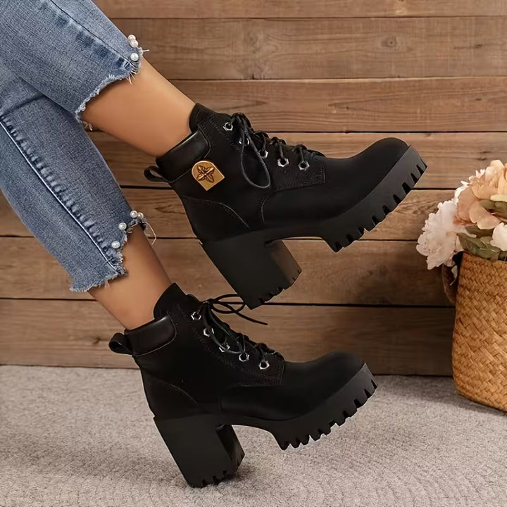 Donjeta - Lace-Up Chunky Heel Ankle Boots