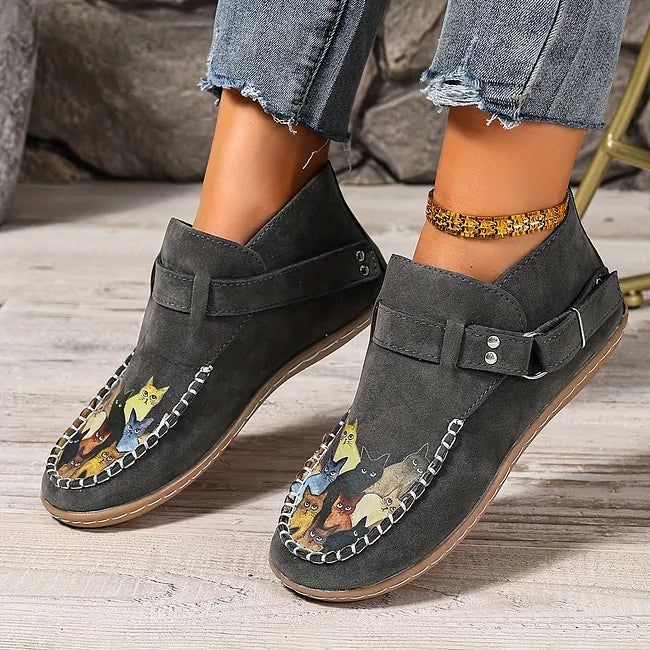 Viktoriy - Cat Print Flat Ankle Boots with Buckle