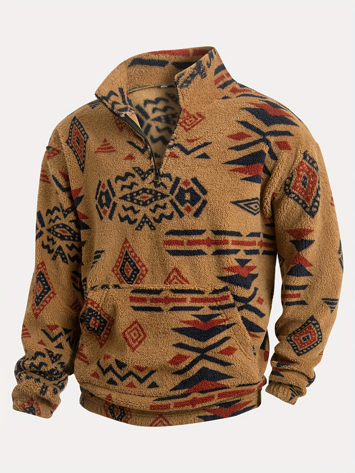 Jacco - Geometric Print Half-Zip Fleece Pullover Sweatshirt