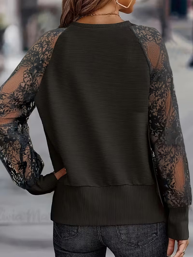 Shina - V-Neck Lace Sleeve Ribbed Top