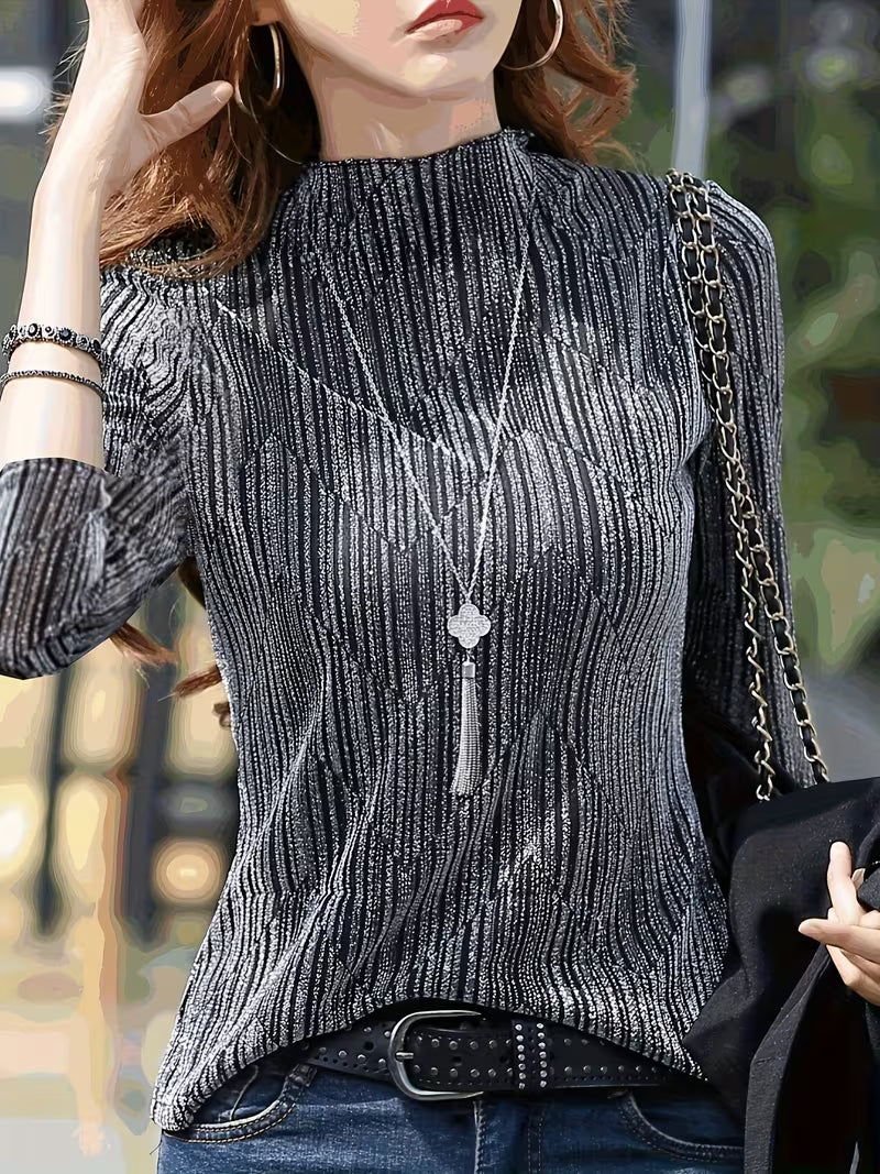 Sunija - Long Sleeve Metallic Textured Top