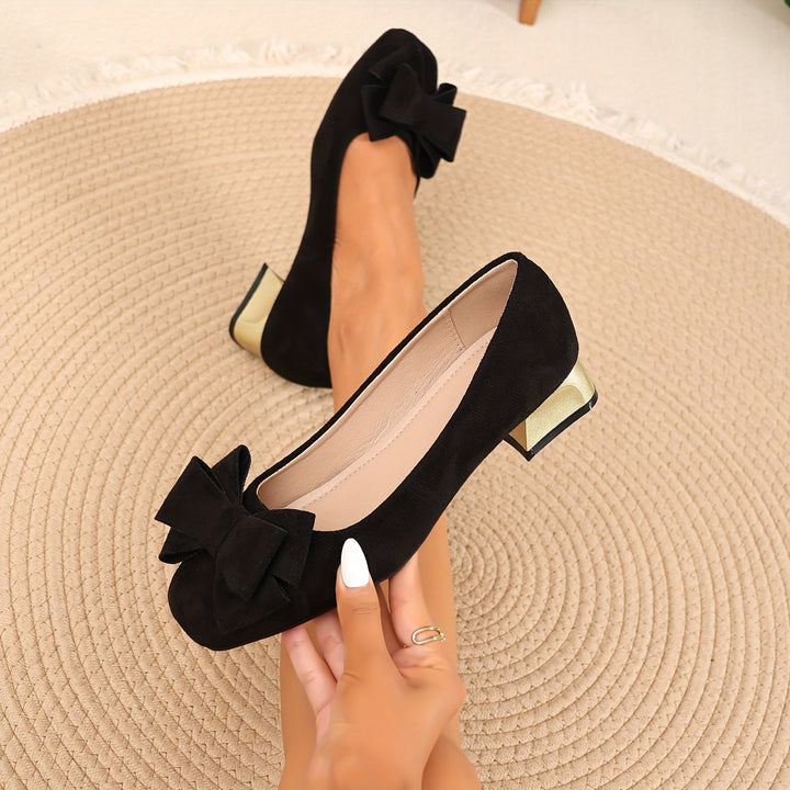 Silvie - Elegant Bow Low Block Heel Pumps