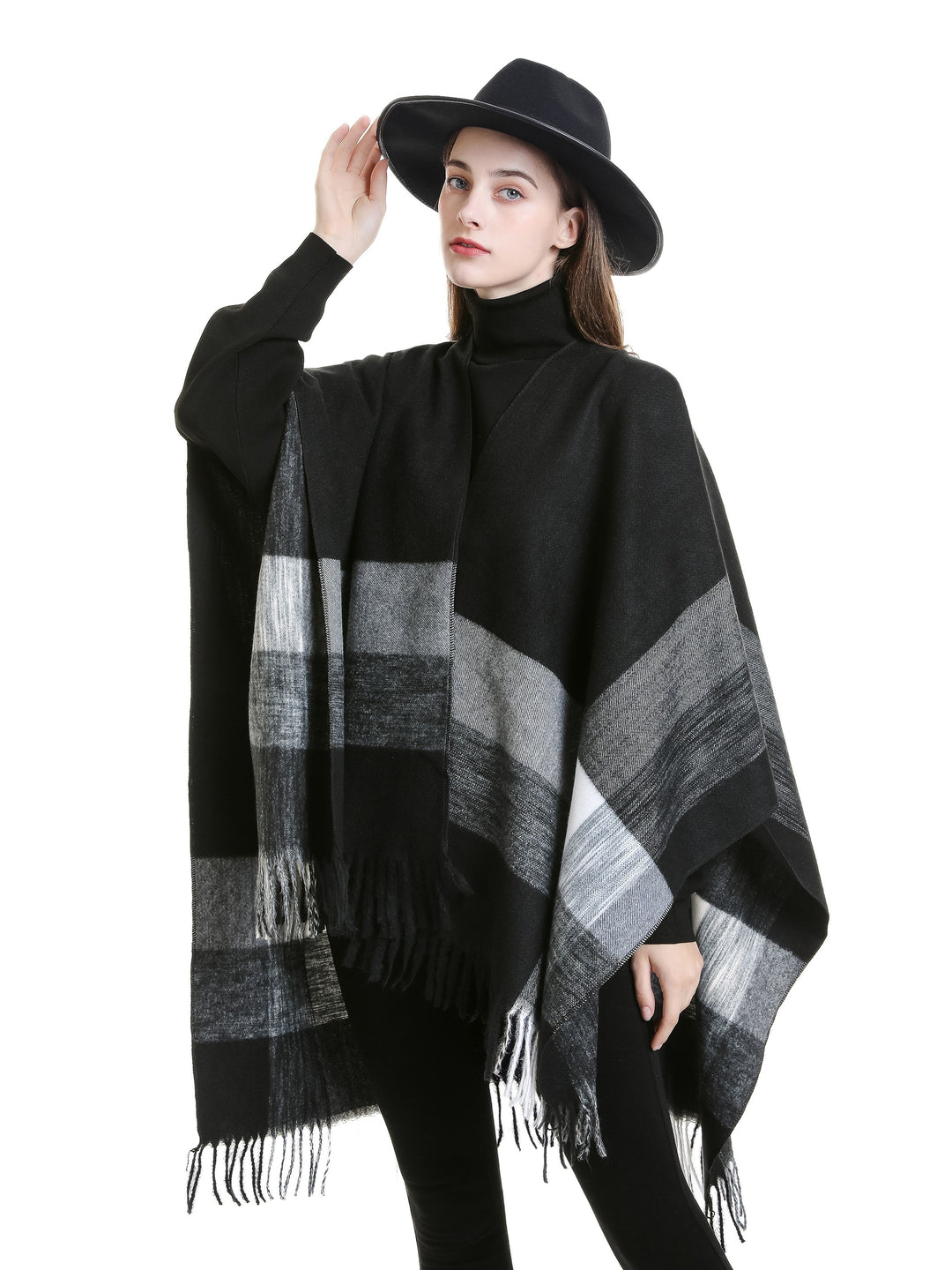 Kyrine - Geometric Pattern Fringed Poncho Shawl Wrap
