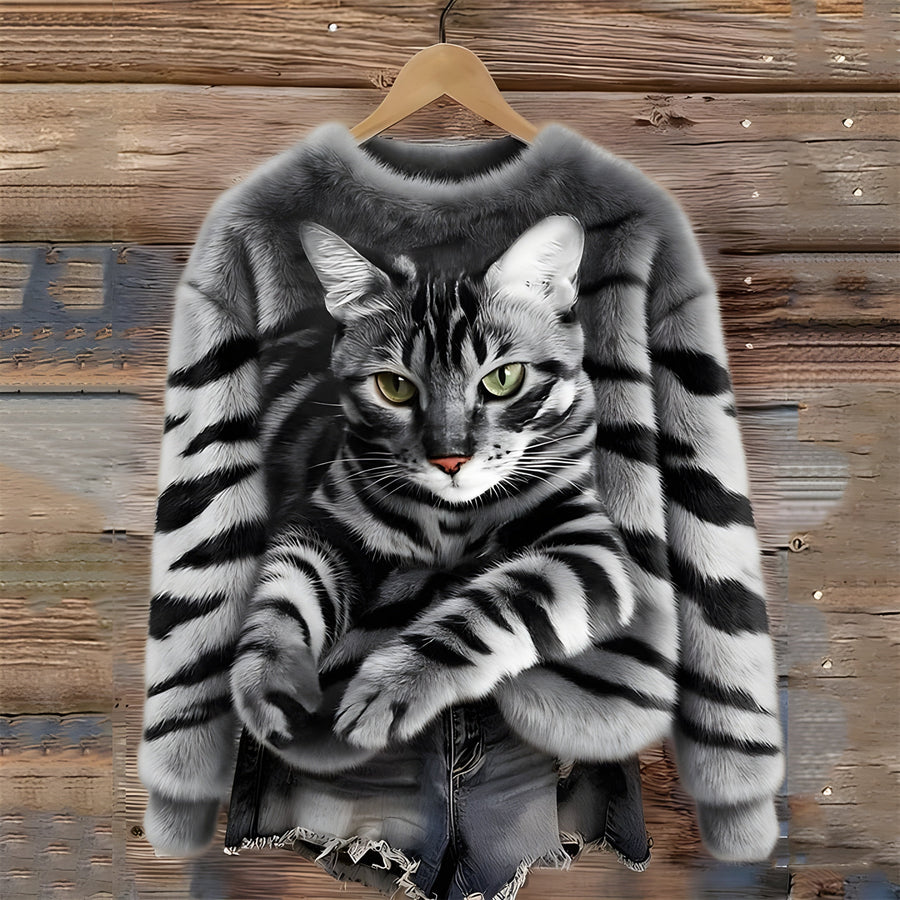 Zohara - Faux Fur Sweater With Cat Print
