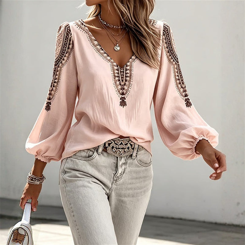 Aynura - Embroidered V-Neck Long Sleeve Blouse