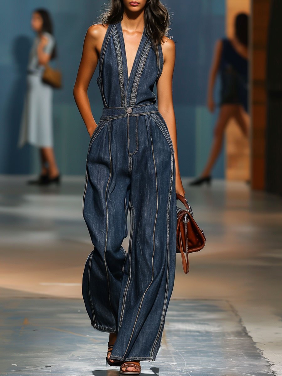 Kaelina - Retro Sleeveless Denim Jumpsuit