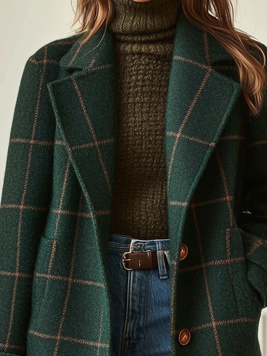 Rosine - Classic Plaid Coat With Lapel Collar
