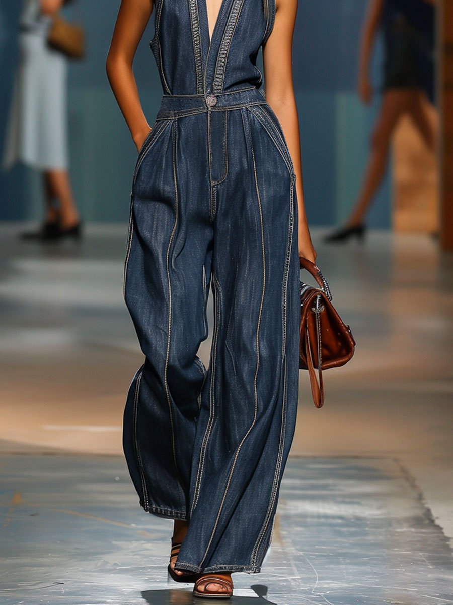 Kaelina - Retro Sleeveless Denim Jumpsuit