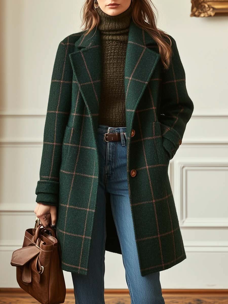 Rosine - Classic Plaid Coat With Lapel Collar