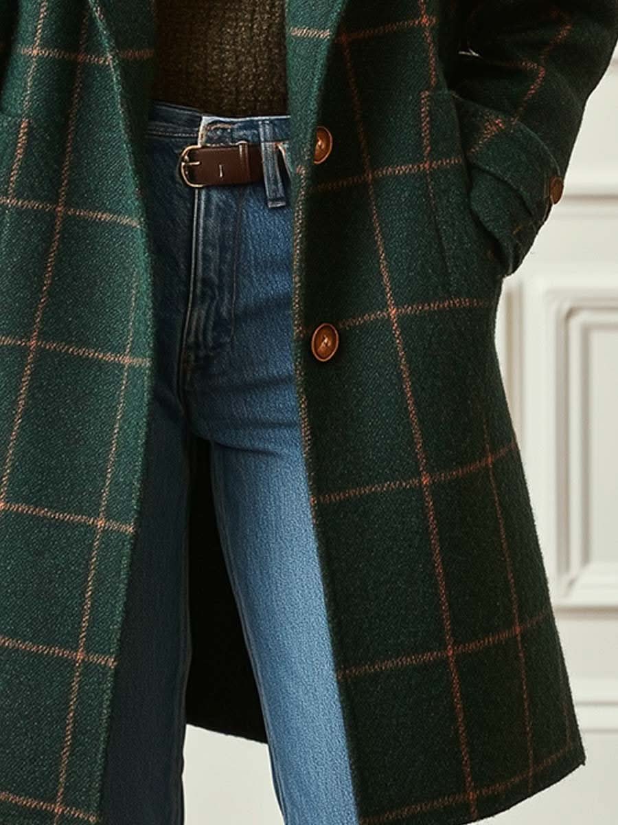 Rosine - Classic Plaid Coat With Lapel Collar