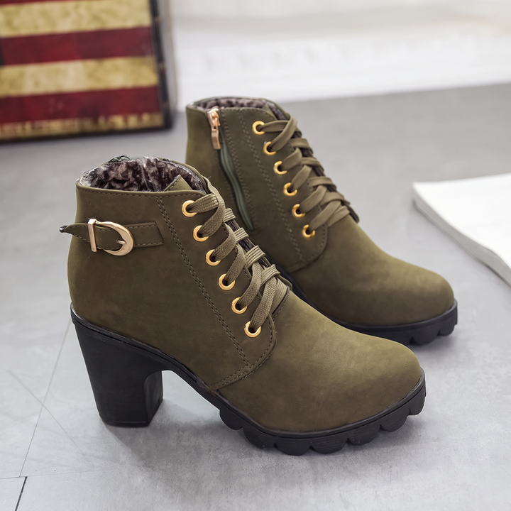 Rijona - Lace-Up Buckle Chunky Heel Ankle Boots