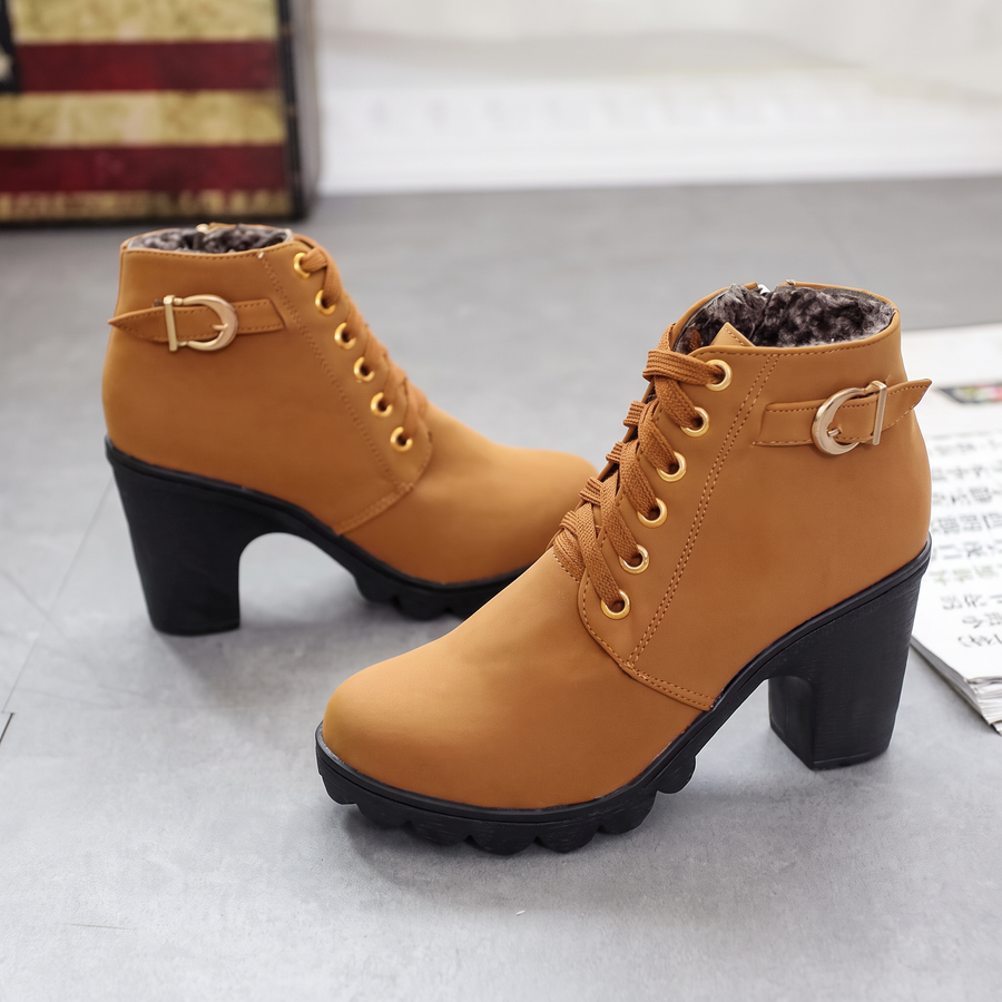 Rijona - Lace-Up Buckle Chunky Heel Ankle Boots