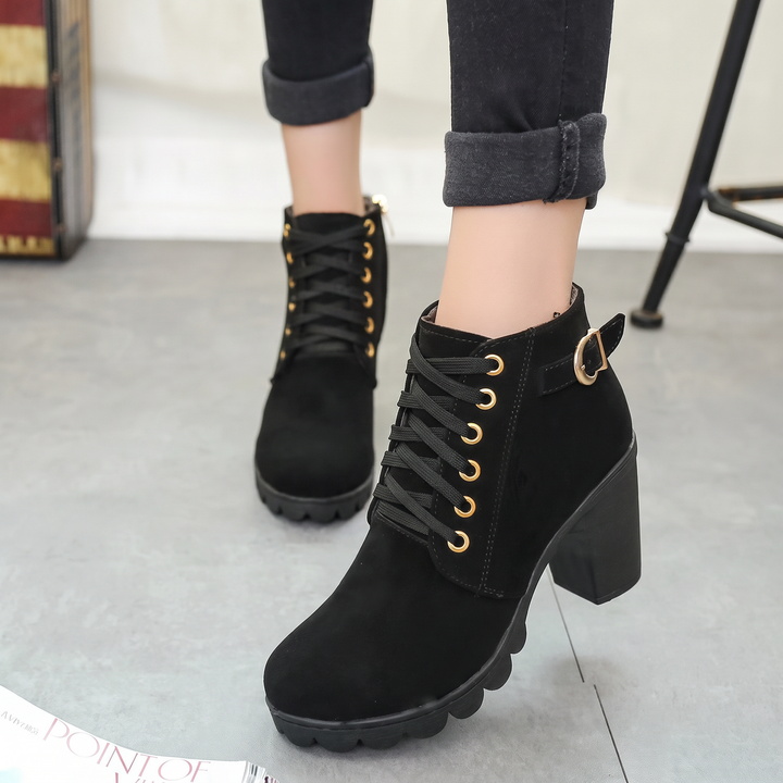 Rijona - Lace-Up Buckle Chunky Heel Ankle Boots