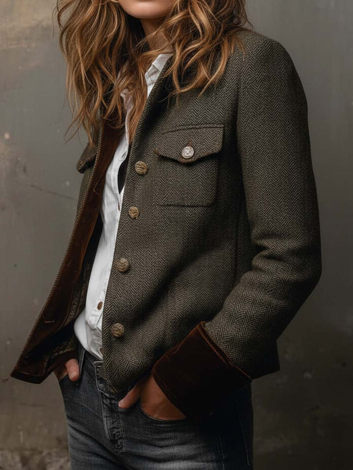 Lazina - Herringbone Button-Up Jacket With Contrast Cuffs