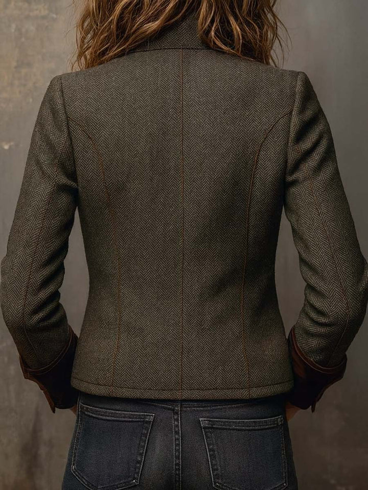 Lazina - Herringbone Button-Up Jacket With Contrast Cuffs