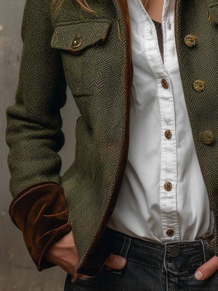 Lazina - Herringbone Button-Up Jacket With Contrast Cuffs