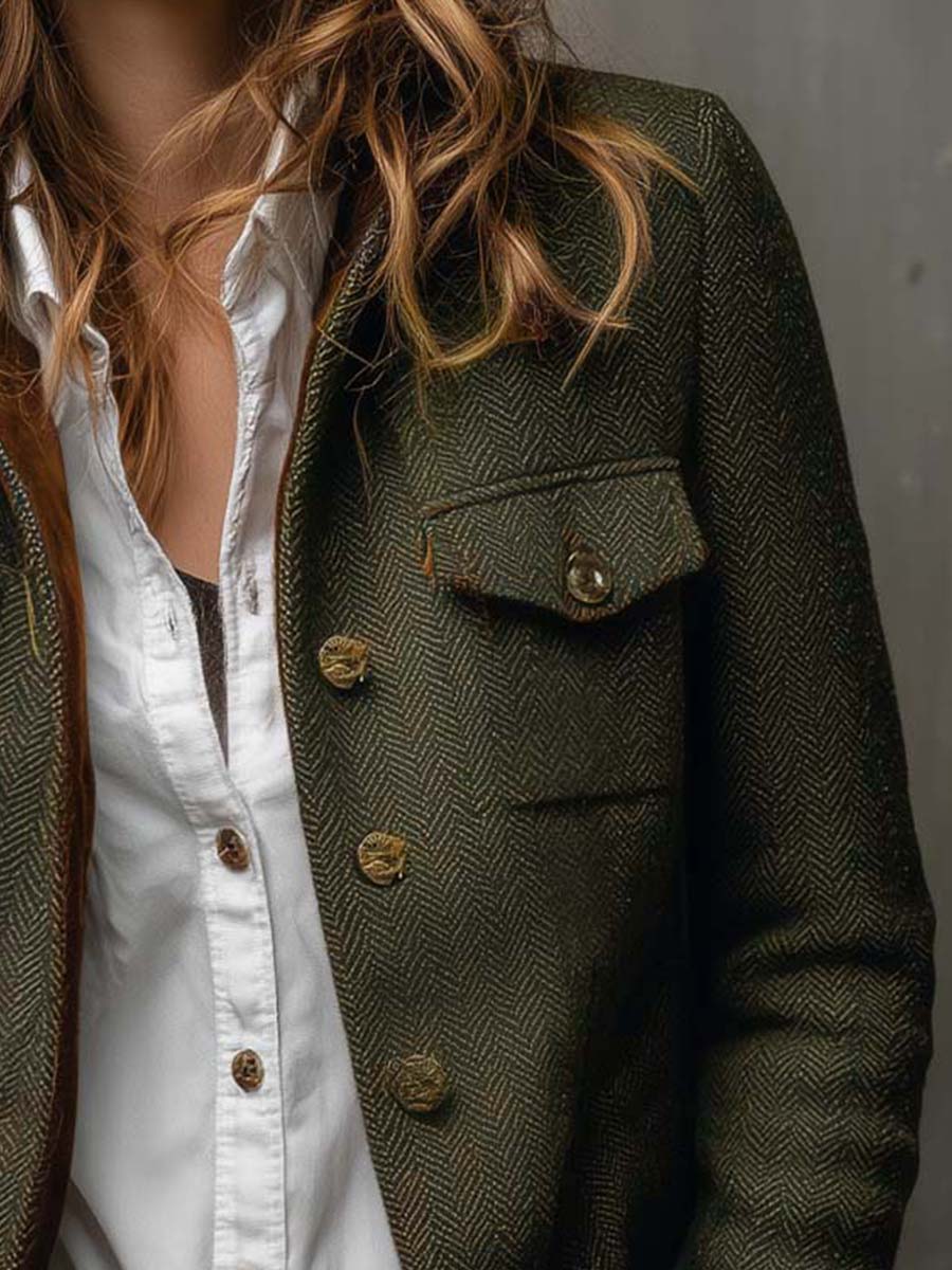 Lazina - Herringbone Button-Up Jacket With Contrast Cuffs