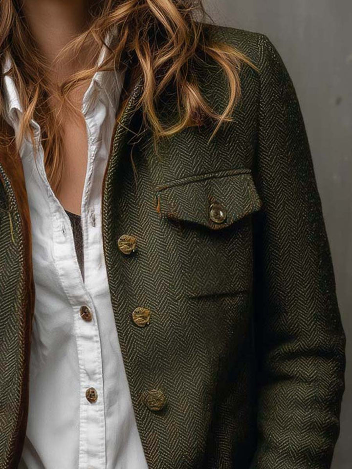 Lazina - Herringbone Button-Up Jacket With Contrast Cuffs