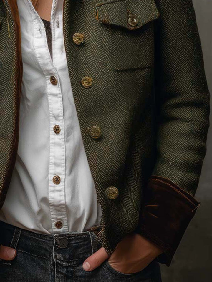 Lazina - Herringbone Button-Up Jacket With Contrast Cuffs
