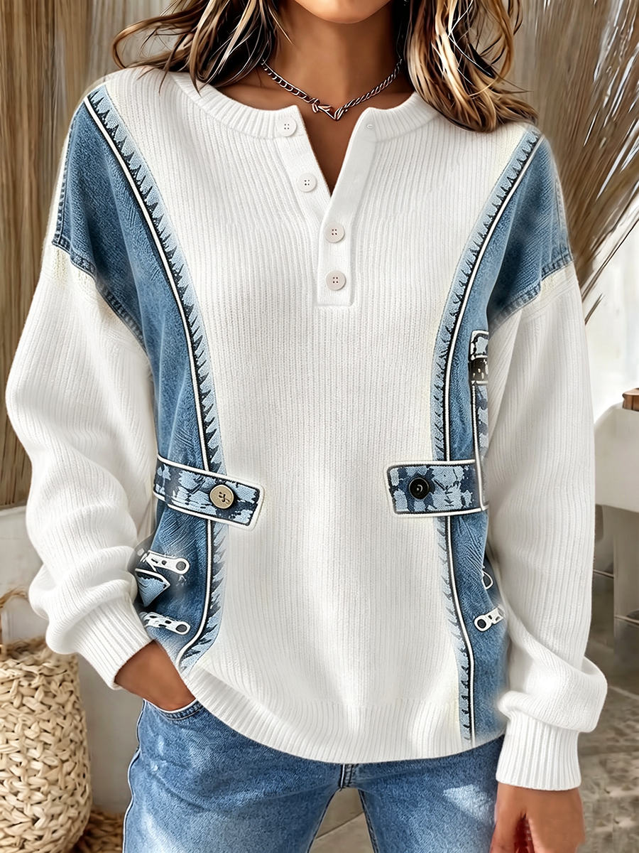 Benija - Casual 3d Denim Print Knit Sweater