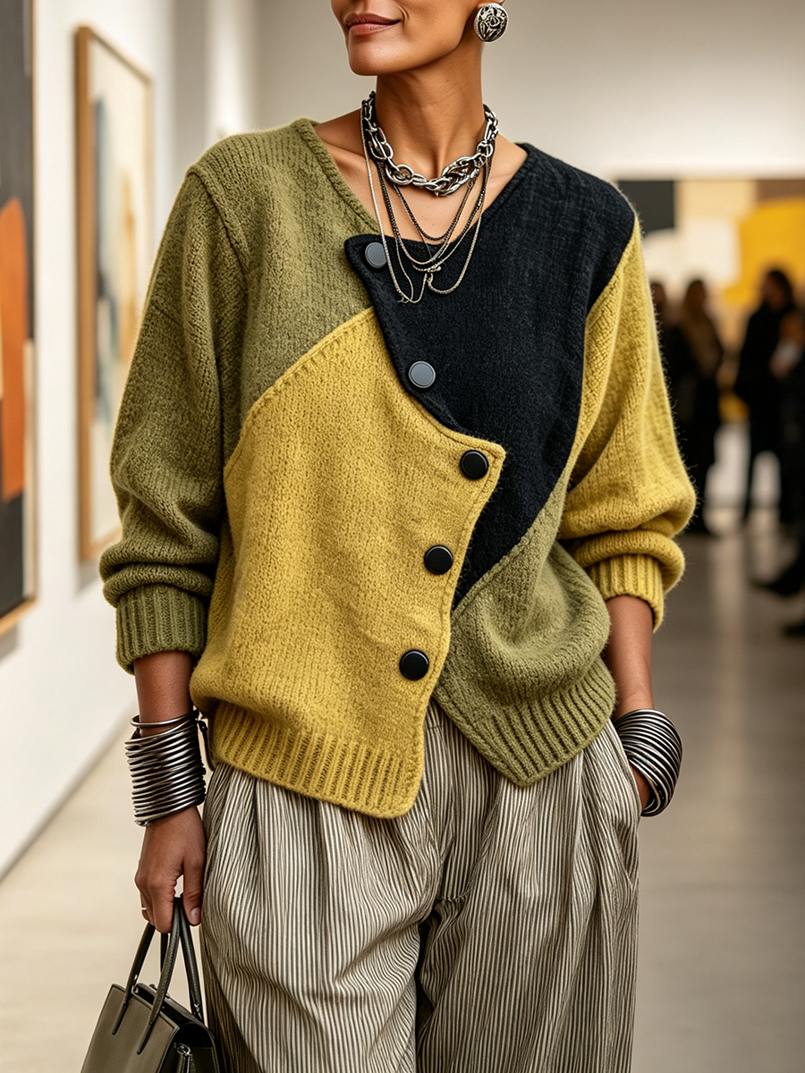 Lizana - Asymmetric Color-Block Knit Sweater