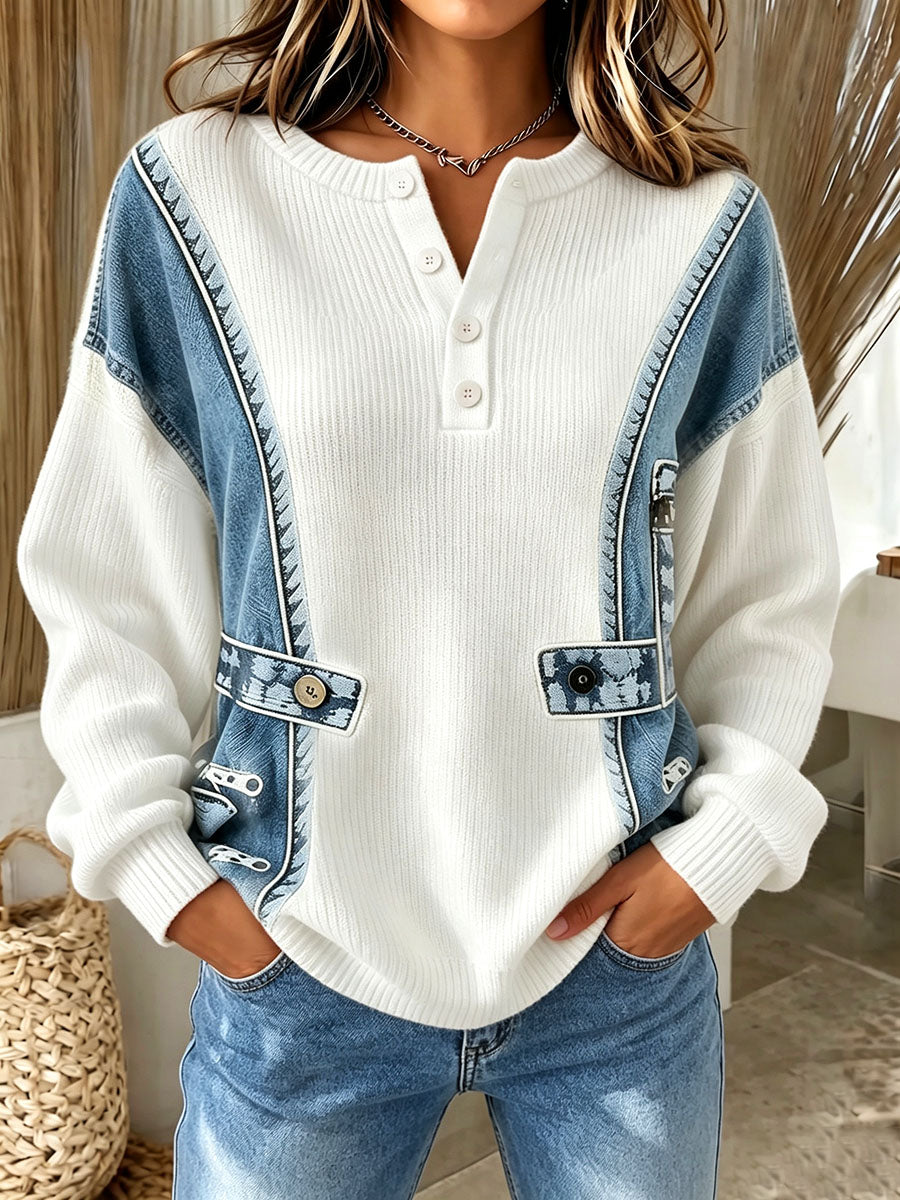 Benija - Casual 3d Denim Print Knit Sweater