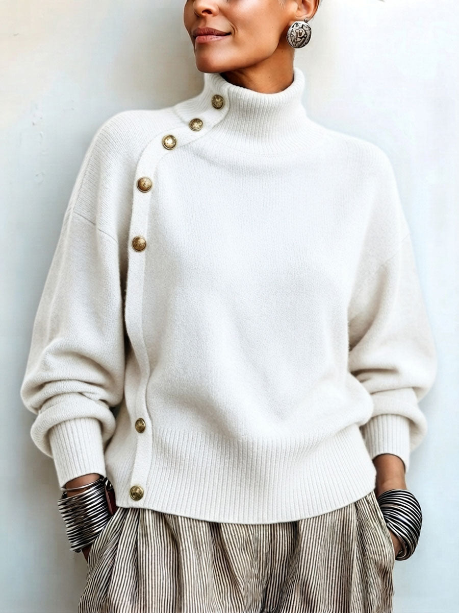 Lylian - Turtleneck Button Trim Long Sleeve Sweater