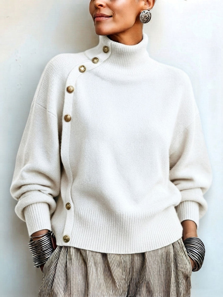 Lylian - Turtleneck Button Trim Long Sleeve Sweater