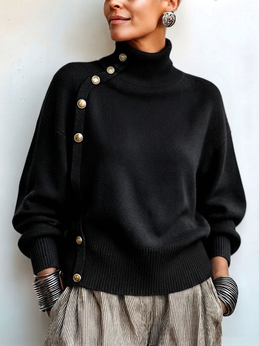 Lylian - Turtleneck Button Trim Long Sleeve Sweater